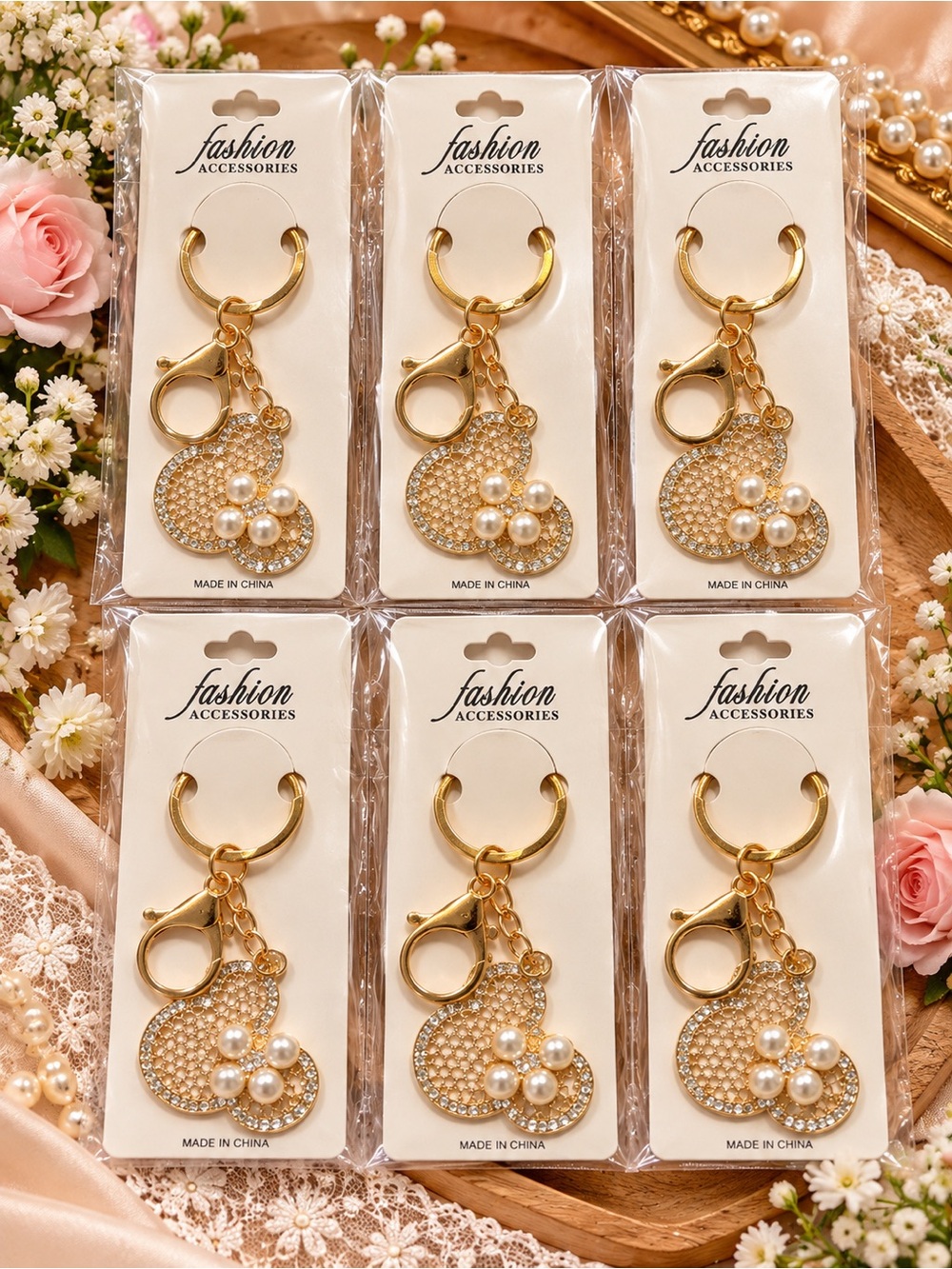 6 Gold Pearl Heart Keychain